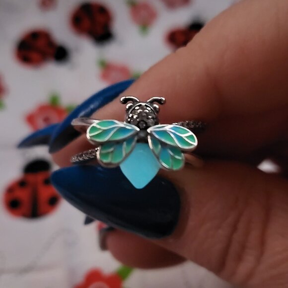 Glow in the Dark CZ Firefly Sterling Silver Ring - Picture 2 of 6